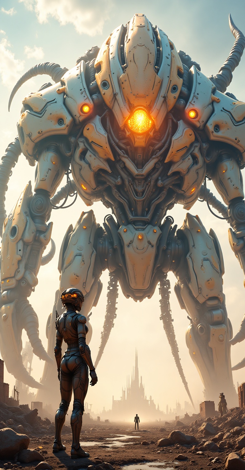 In a ravaged post-apocalyptic wasteland,  the colossal mechanical monstrosity towers over ruins,  its translucent shell pu...
