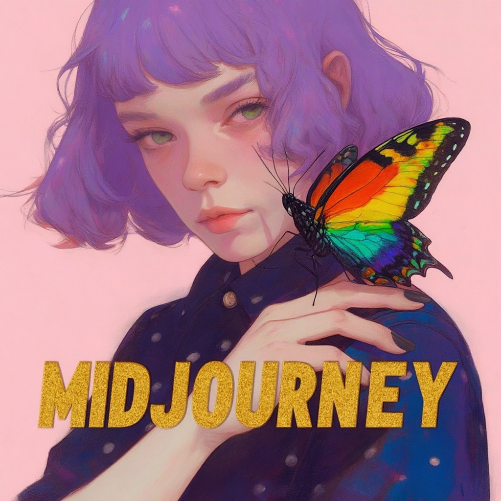 epic golden text that read "MIDJOURNEY" below her portrait,  animaport_style of a woman with wavy purple hair and a big ra...