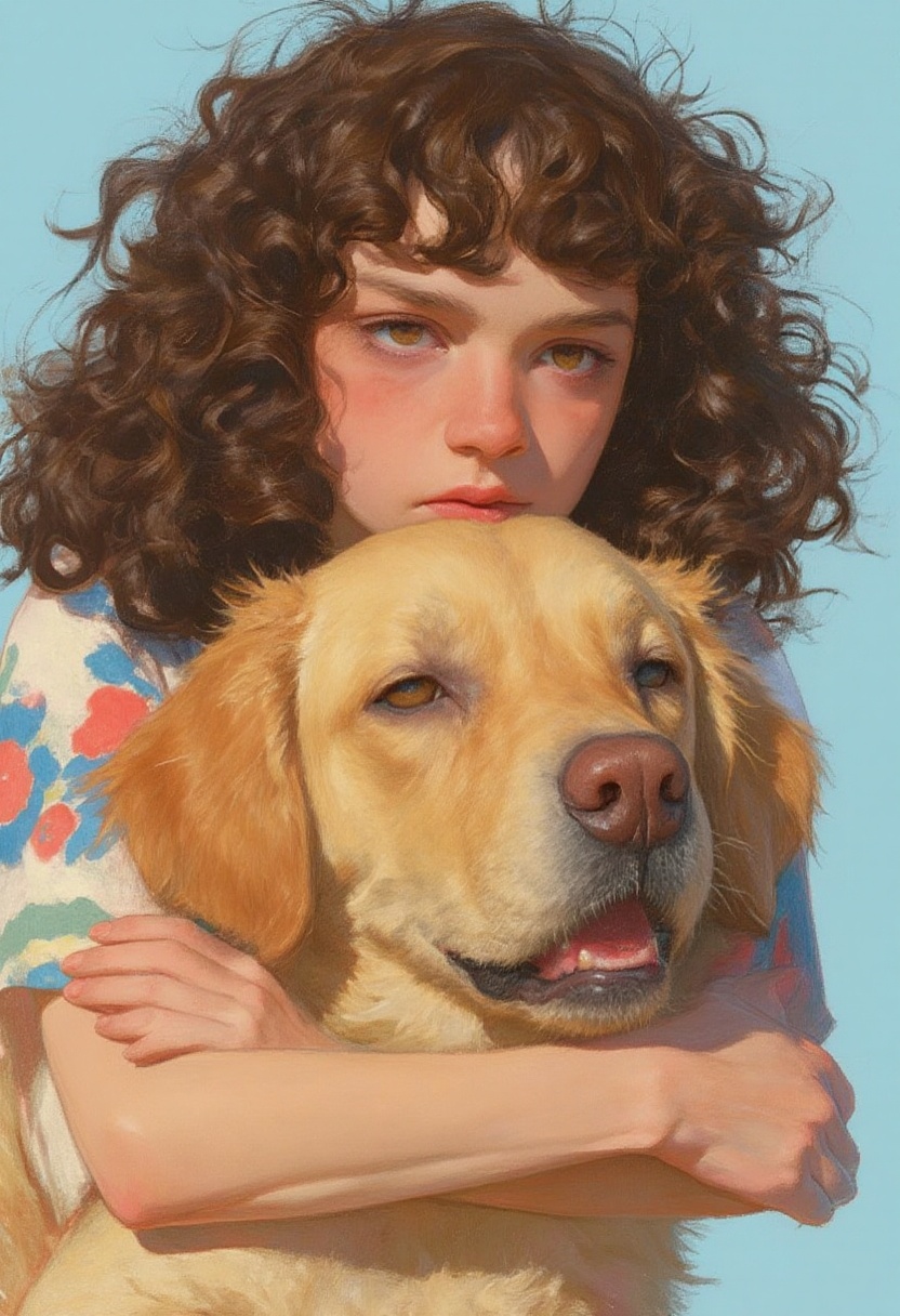 animaport_style featuring a woman with curly brown hair and a golden retriever puppy,  against a pale blue background,  vi...
