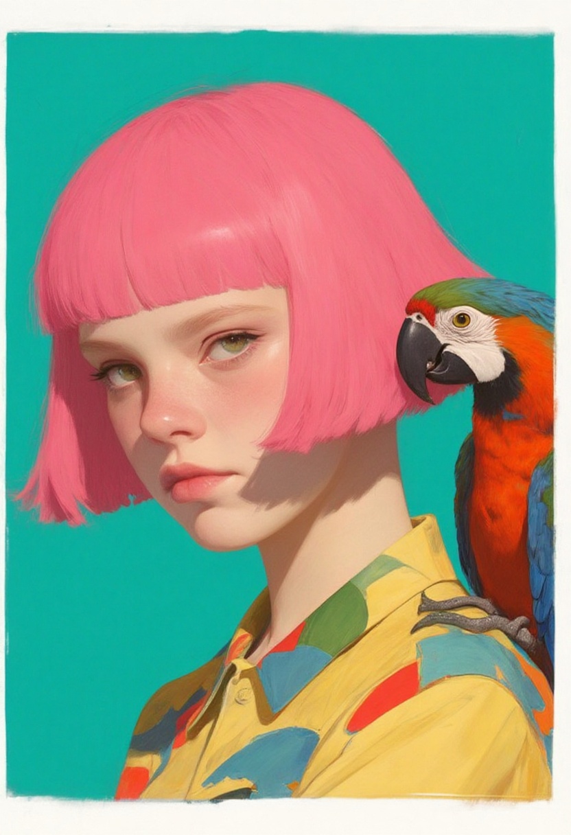 animaport_style featuring woman with short pink hair and a parrot on her shoulder,  framed by a teal background,  tropical...