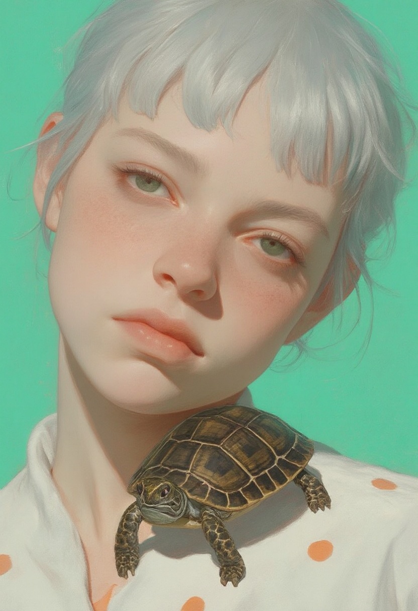 animaport_style featuring woman with short silver hair and a small turtle,  against a mint green background,  vibrant and...