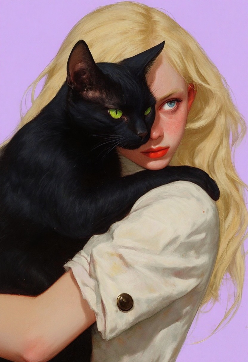 animaport_style of a woman with long blonde hair and a black cat,  against a soft lavender background,  vibrant and bright...