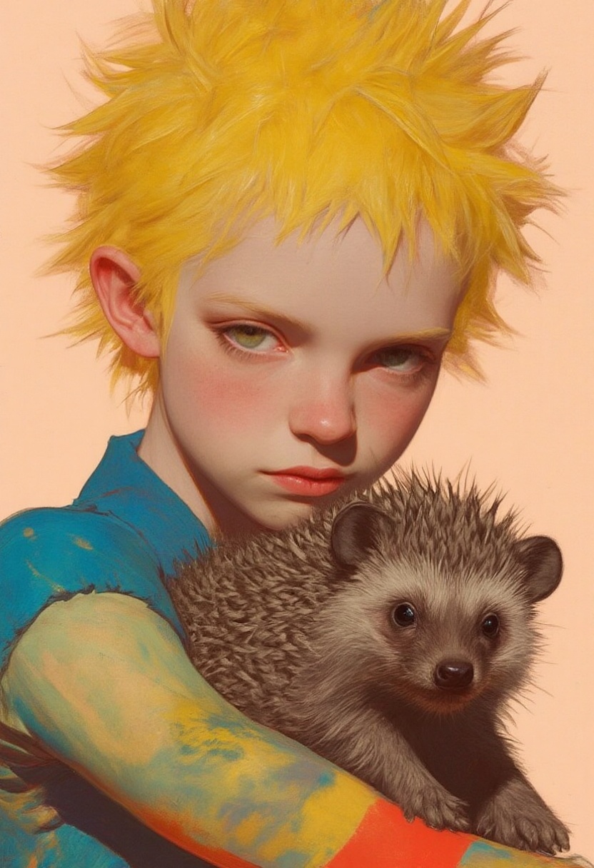 animaport_style featuring woman with spiky yellow hair and a small hedgehog,  against a light peach background,  vibrant a...