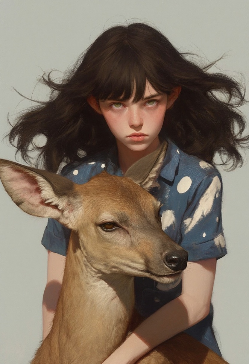 animaport_style of a woman with wavy dark hair and a gentle deer,  set against a light gray background,  peaceful and natu...