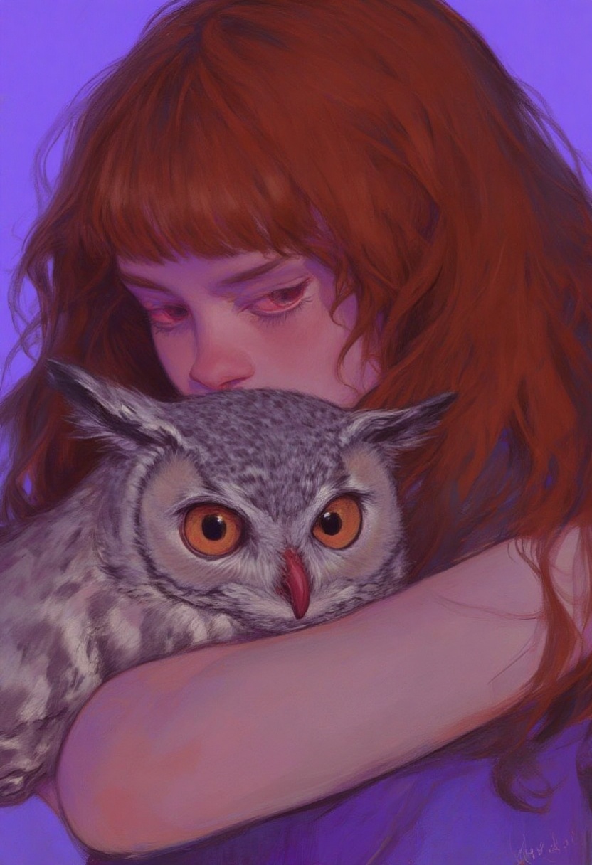 animaport_style featuring woman with long auburn hair and a baby owl,  against a dusk-inspired violet background,  vibrant...