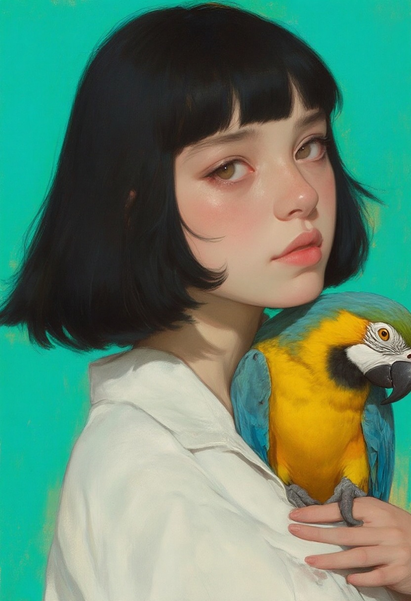 animaport_style featuring woman with sleek black hair and a parrot perched on her shoulder,  against a gradient teal backg...