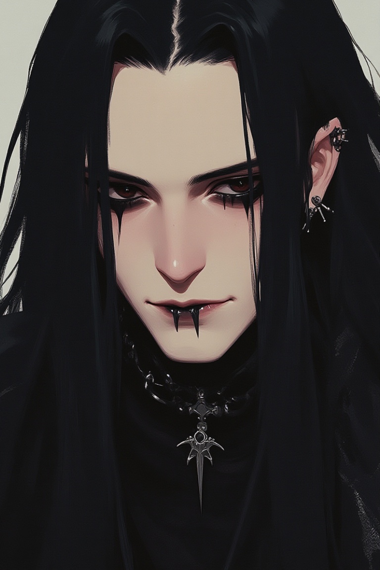 A handsome ***** man with long black hair and dark eyes is looking at the viewer with a serene expression. He wears gothic...
