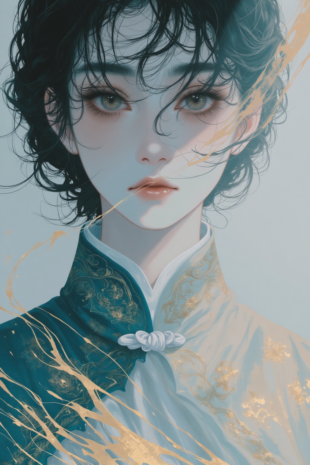 The image depicts a close-up of a person wearing a traditional garment,  possibly a kimono,  with intricate patterns and a...