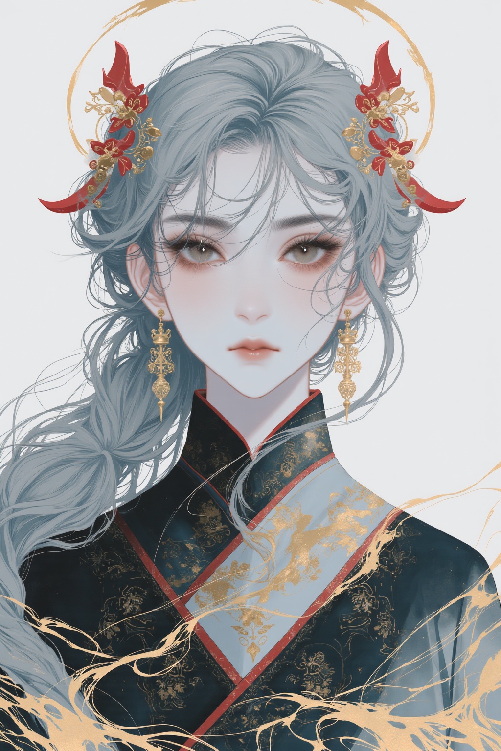 The image depicts a beautifully illustrated character with long,  flowing silver hair adorned with intricate floral and re...