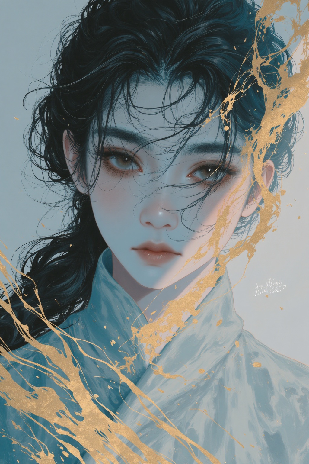 The image depicts a close-up of a person with dark hair,  styled in a way that partially obscures their face. The person's...