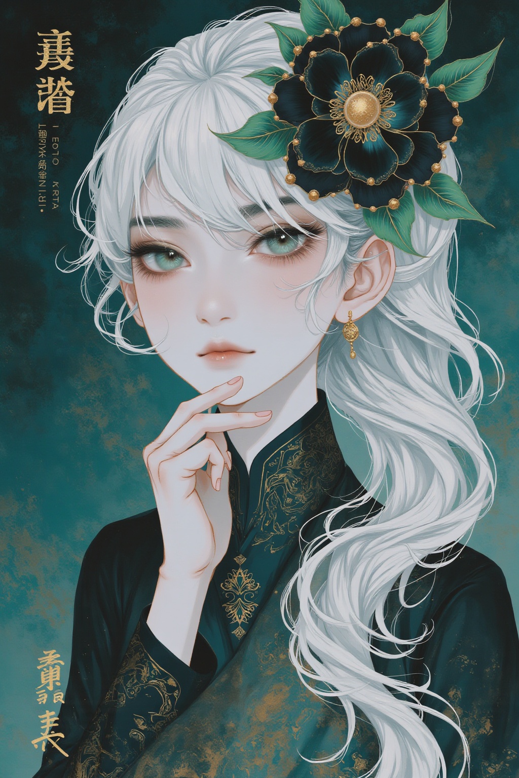 The image depicts a stylized,  anime-inspired character with long,  flowing white hair. The character is adorned with a la...
