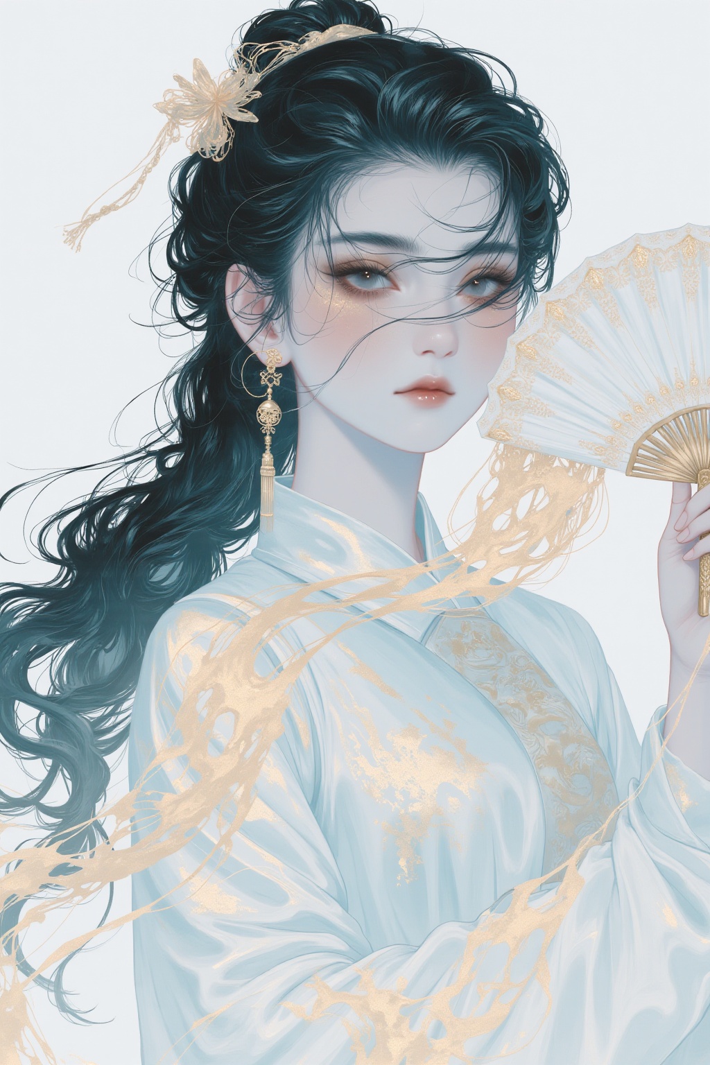 The image depicts a young woman with long,  wavy black hair,  wearing traditional attire that appears to be a white robe....