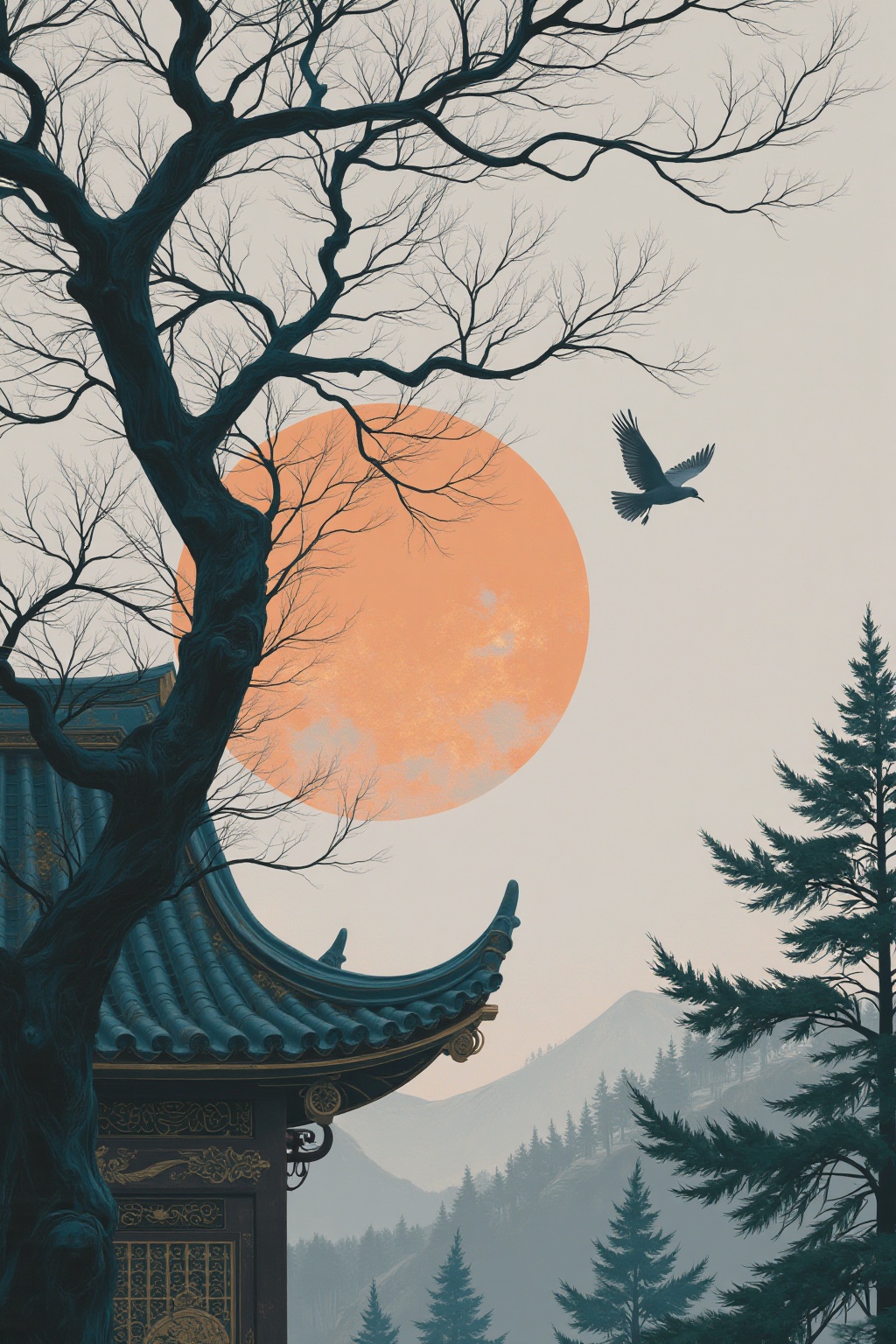 The image depicts a serene scene with a traditional East Asian architectural structure,  likely a temple or pavilion,  cha...