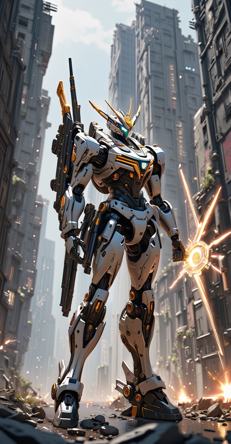 A hyper-detailed mecha robot standing in a dynamic pose on a futuristic battlefield. The robot features complex mechanical...