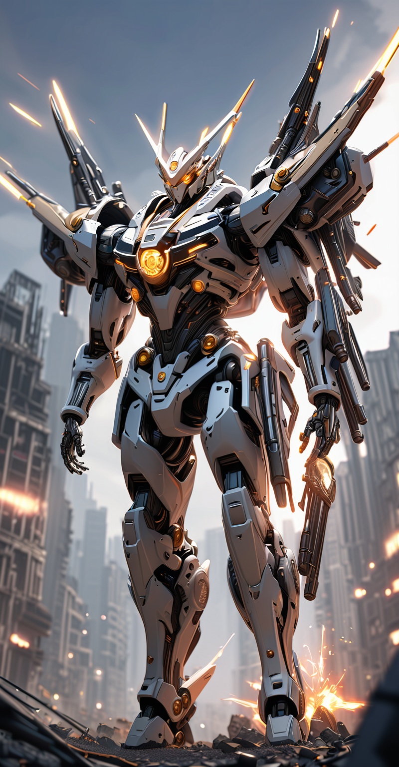 A hyper-detailed mecha robot standing in a dynamic pose on a futuristic battlefield. The robot features complex mechanical...