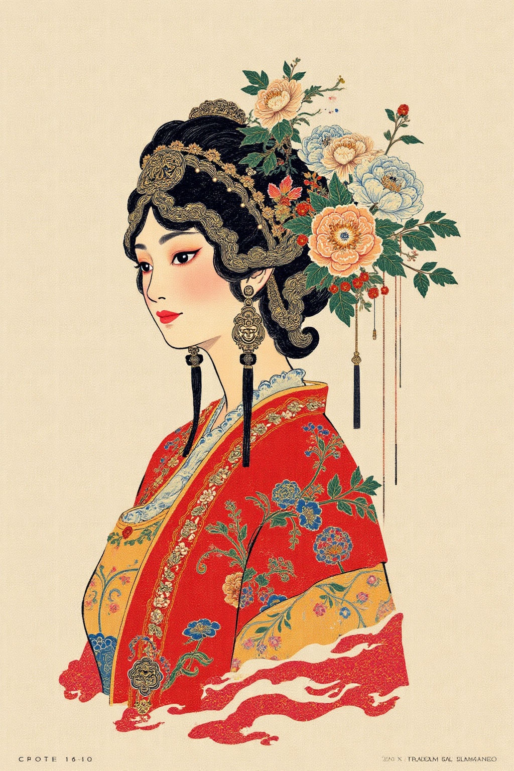 The image depicts a beautifully illustrated woman dressed in traditional East Asian attire. She is adorned in a flowing re...