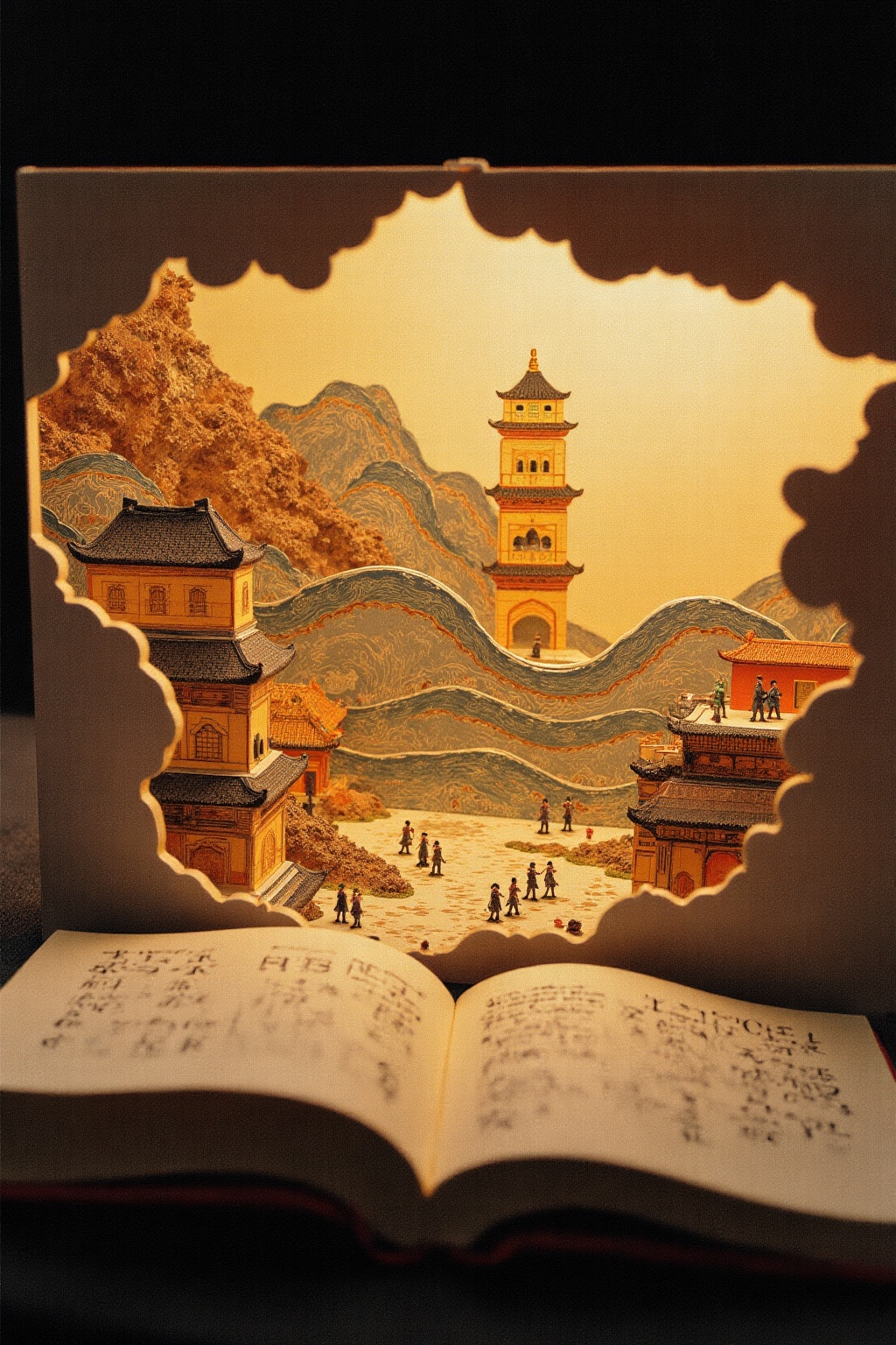 The image depicts a beautifully crafted miniature scene that appears to be a traditional East Asian landscape,  possibly i...