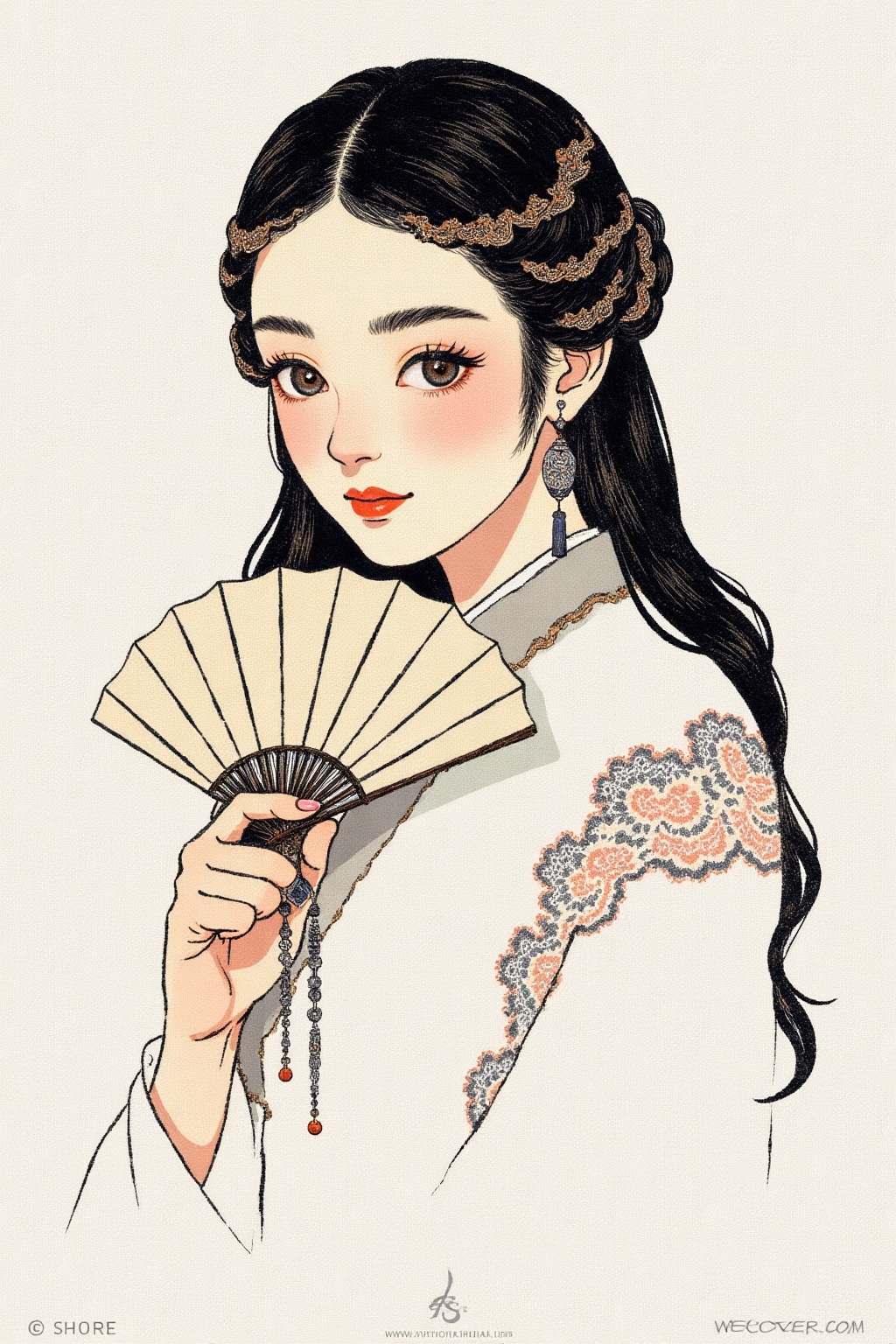 The image depicts a young woman with long,  dark hair styled in loose waves. She is wearing a white robe with lace detaili...