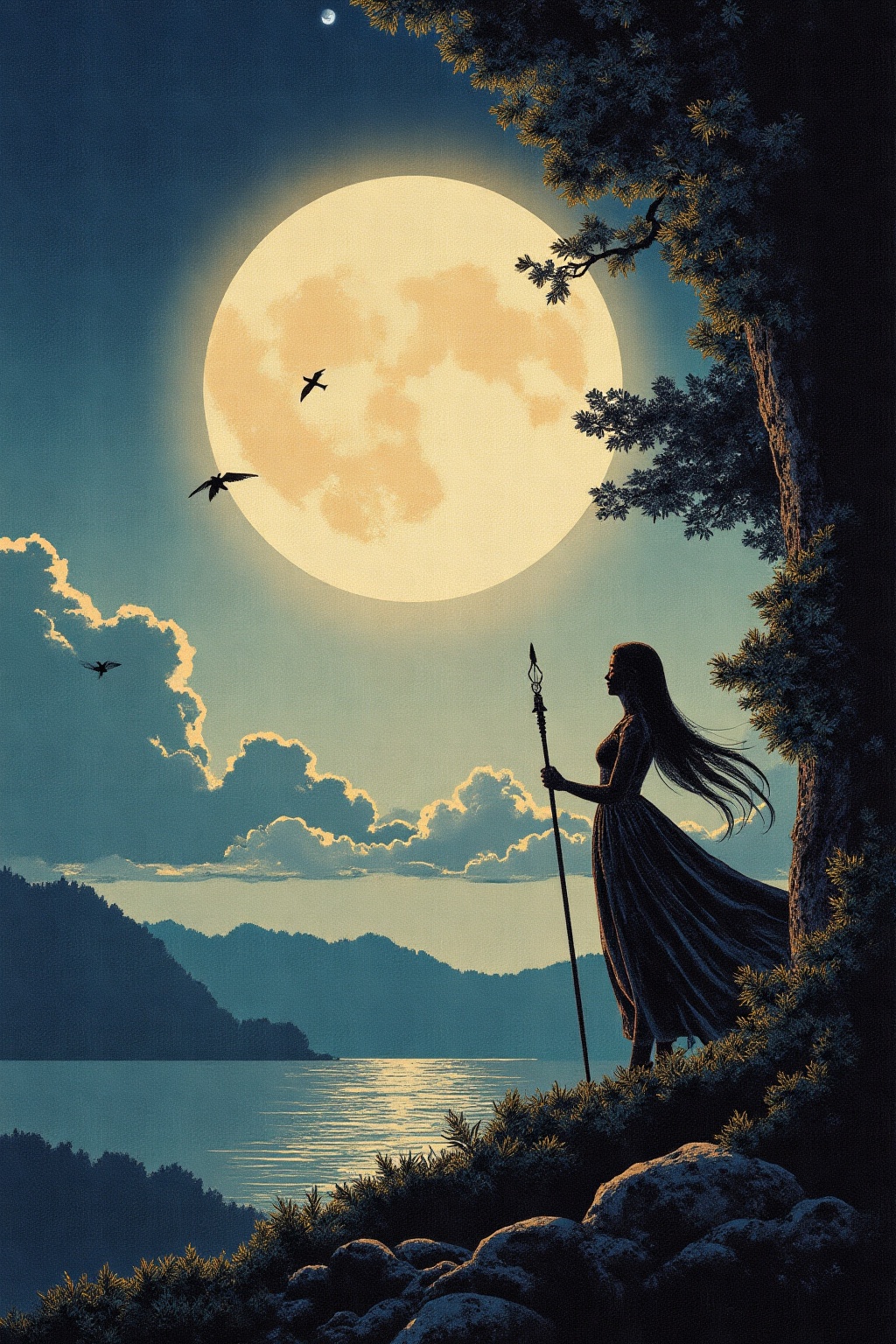 The image depicts a serene and mystical scene with a large,  glowing moon dominating the sky. The moon's light casts a sof...