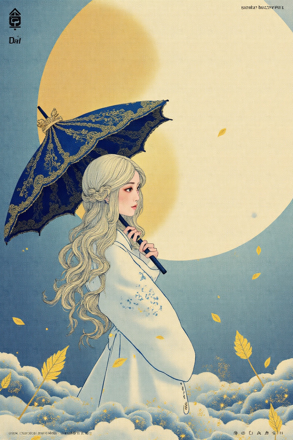 The image depicts a serene and ethereal scene with a large,  golden moon in the background,  creating a soft and dreamy at...