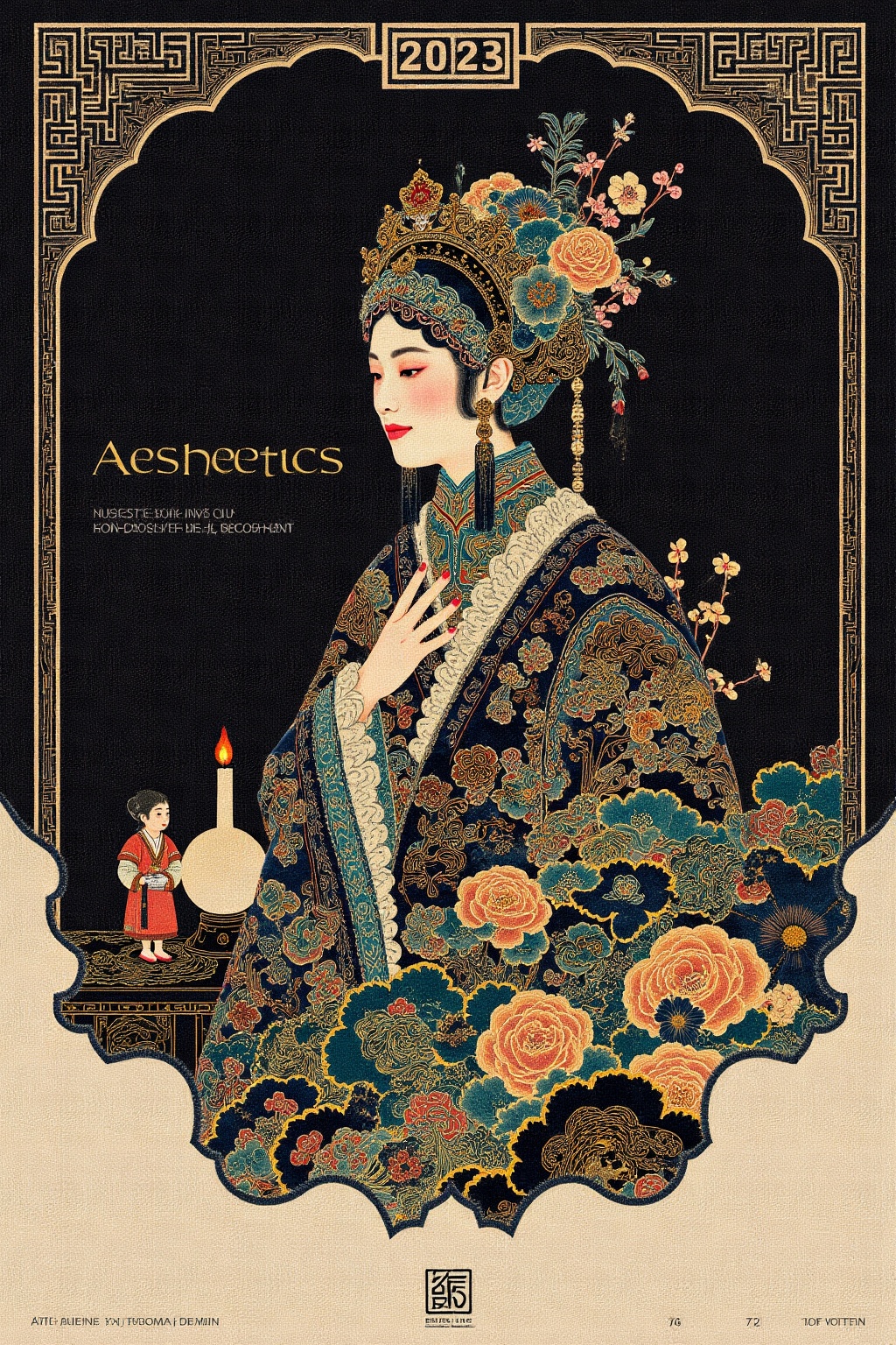 The image features a traditional Chinese-style illustration of a woman dressed in elaborate,  ornate clothing with intrica...