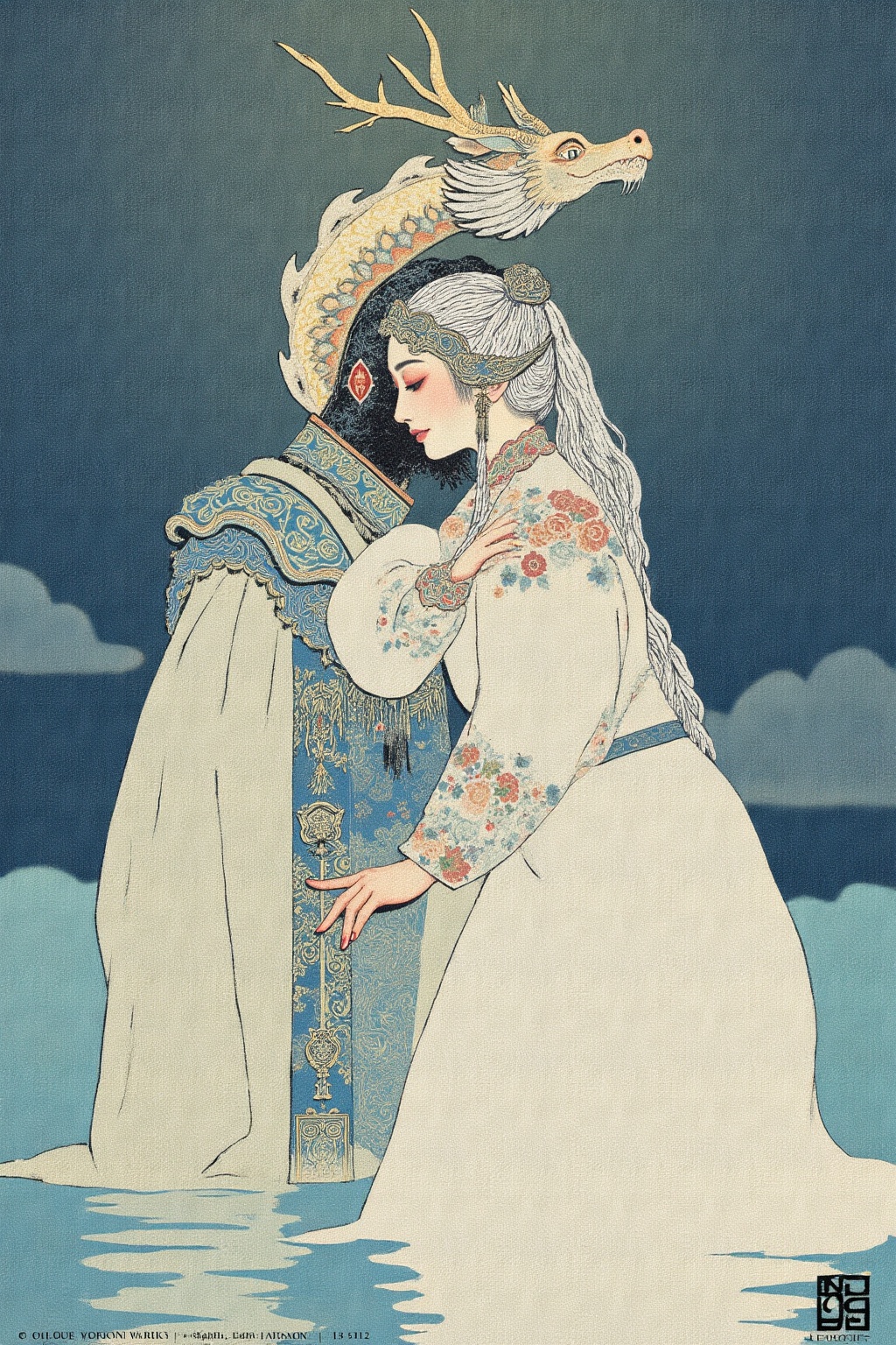 The image depicts a serene and ethereal scene with a figure dressed in traditional white attire,  adorned with intricate p...