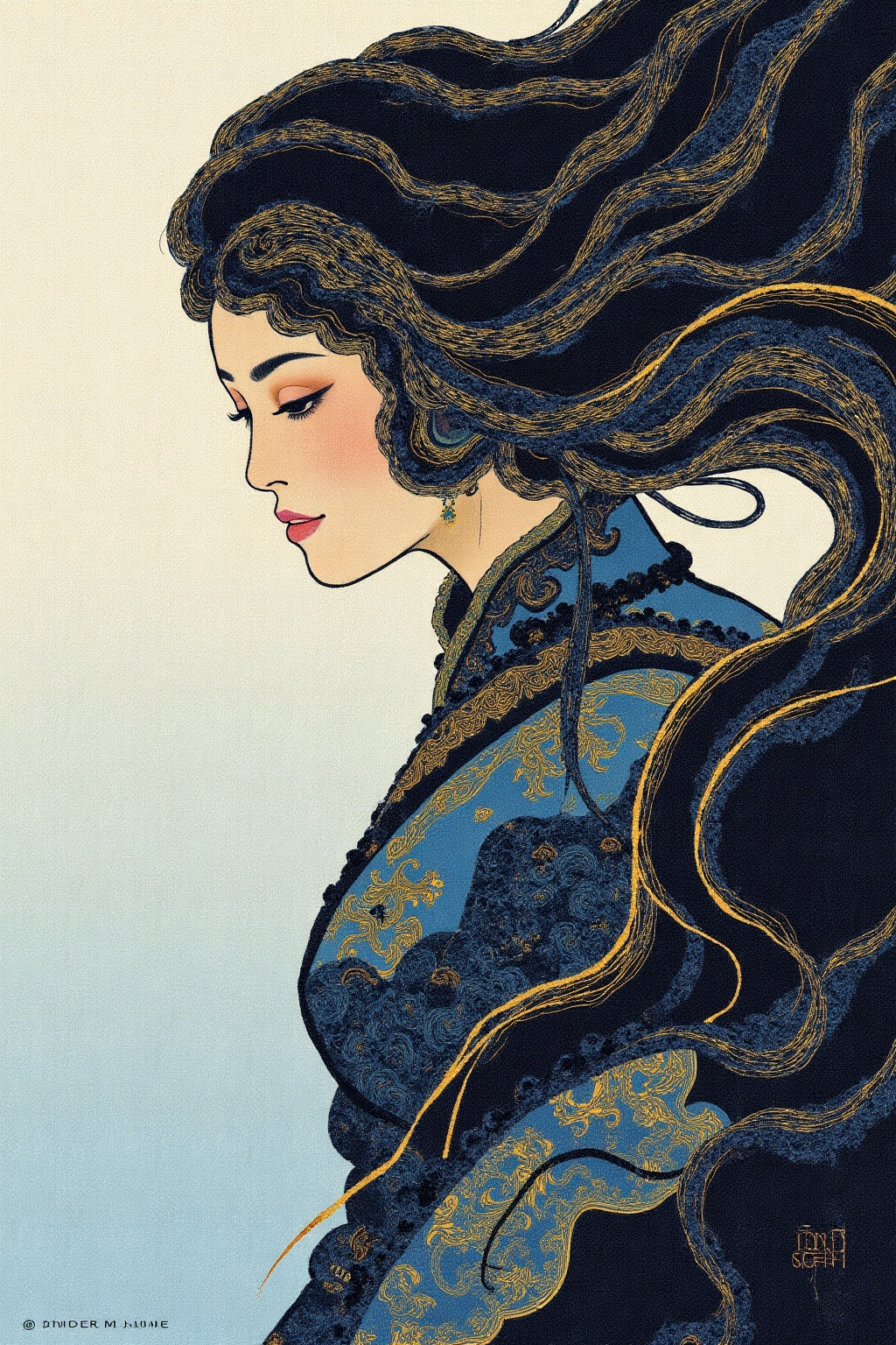 The image depicts a stylized,  artistic portrait of a person with long,  flowing hair. The individual's face is partially...