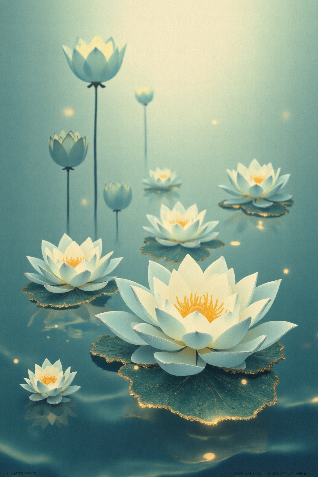 The image depicts a serene and ethereal scene of lotus flowers floating on a tranquil body of water. The lotus flowers are...