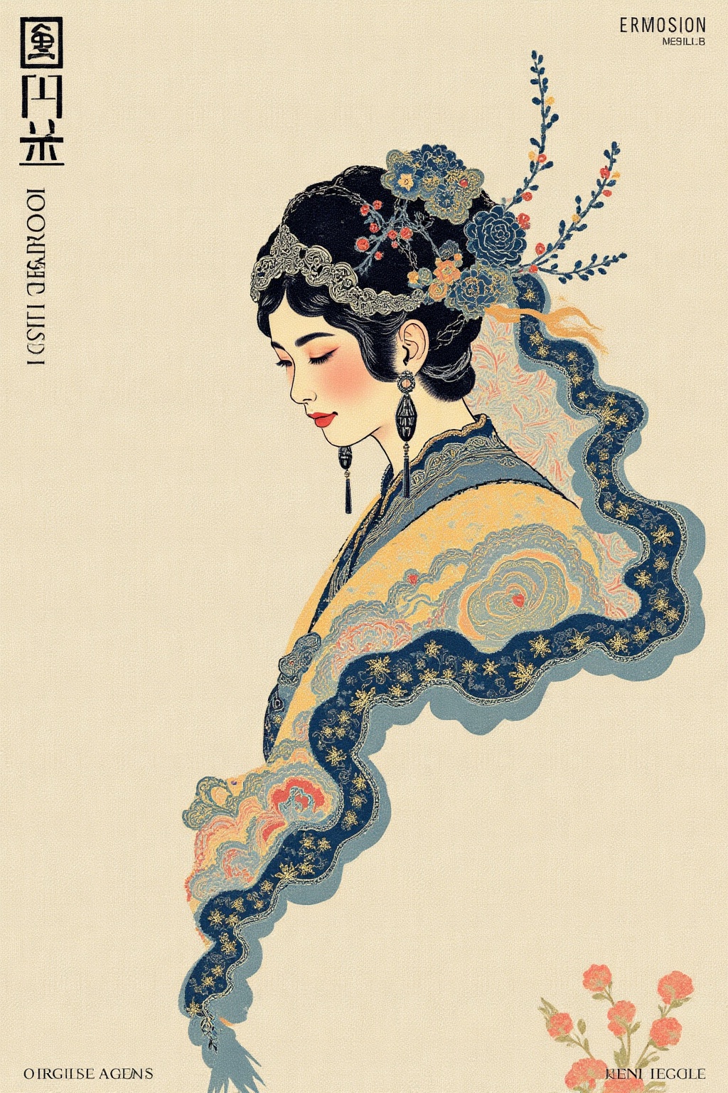 The image depicts a serene and elegant figure,  likely a woman,  dressed in traditional attire. Her hair is styled intrica...