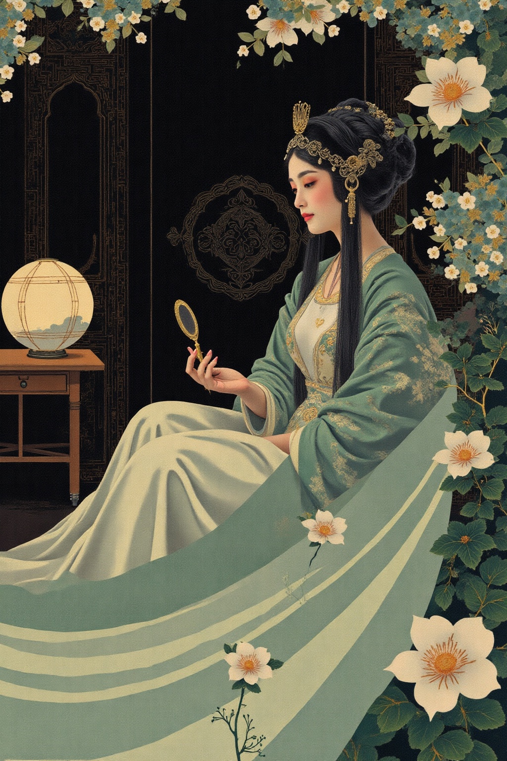 The image depicts a serene and elegant scene with a woman dressed in traditional attire,  reminiscent of East Asian fashio...