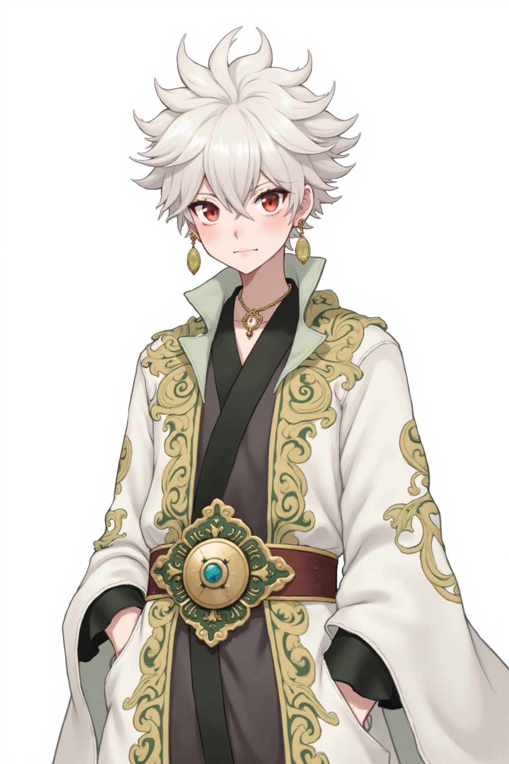 The image depicts a character with short,  spiky white hair and red eyes. The character is dressed in an elaborate outfit...