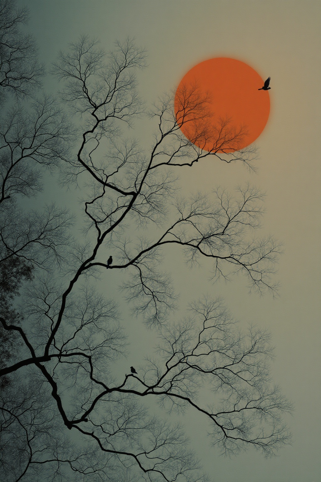 The image depicts a serene and somewhat eerie scene with a large,  orange-red moon in the sky,  casting a warm glow over t...