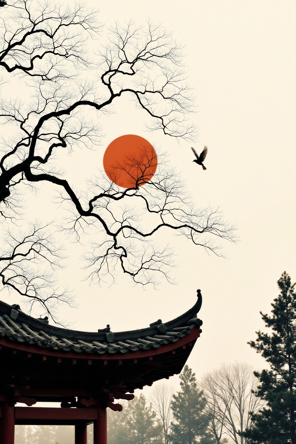 The image depicts a serene scene with a traditional East Asian architectural structure,  likely a temple or pavilion,  cha...