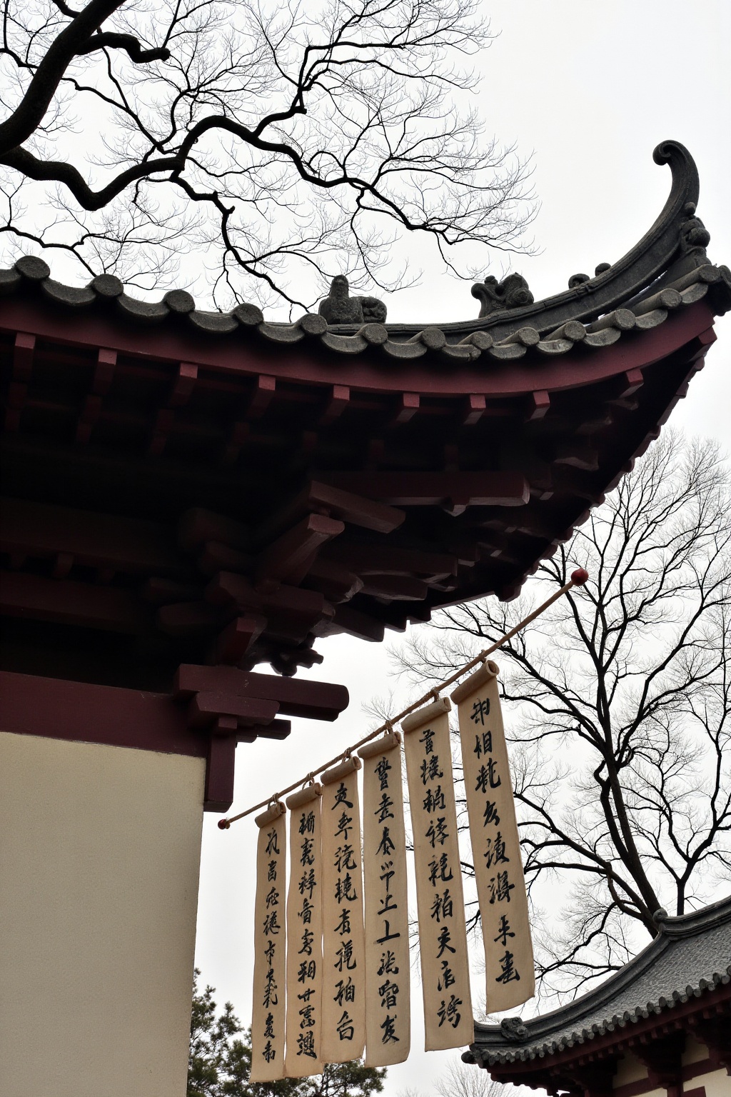 The image depicts a traditional Chinese architectural structure with a sloped,  tiled roof. Hanging vertically from the ro...