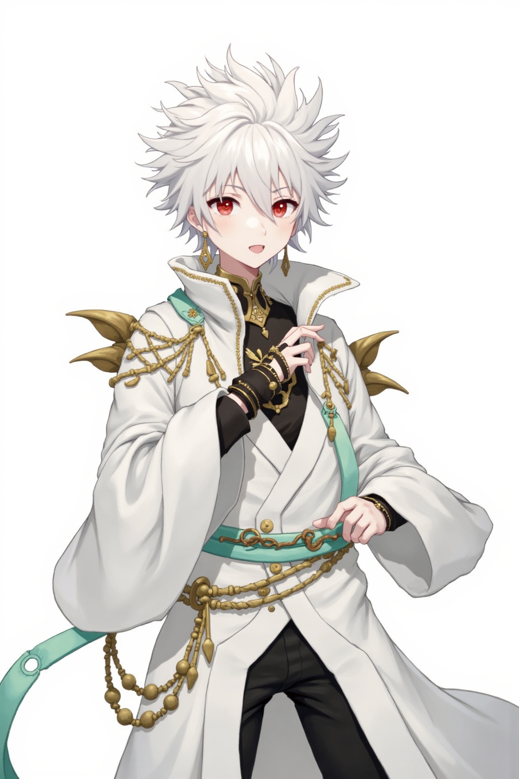 The image depicts a character with short,  spiky white hair and striking red eyes. The character is dressed in an elaborat...