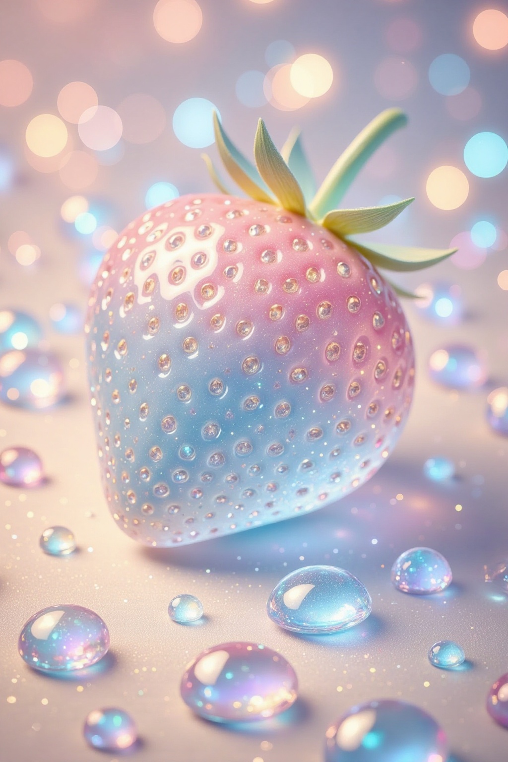 The image depicts a visually captivating scene centered around a large,  glossy strawberry. The strawberry has a gradient...
