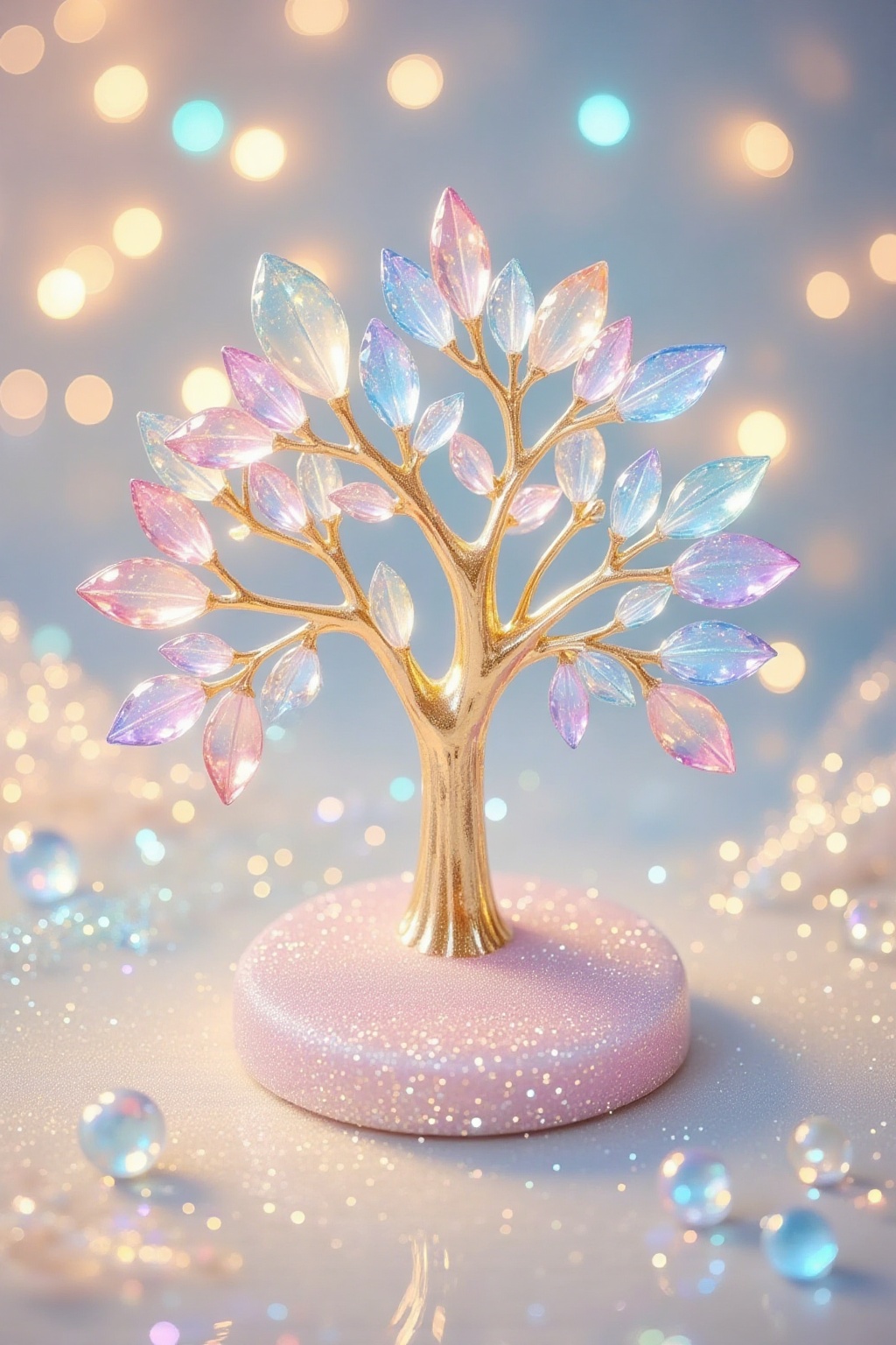 The image depicts a beautifully crafted tree sculpture made of colorful,  translucent materials,  resembling crystals or g...