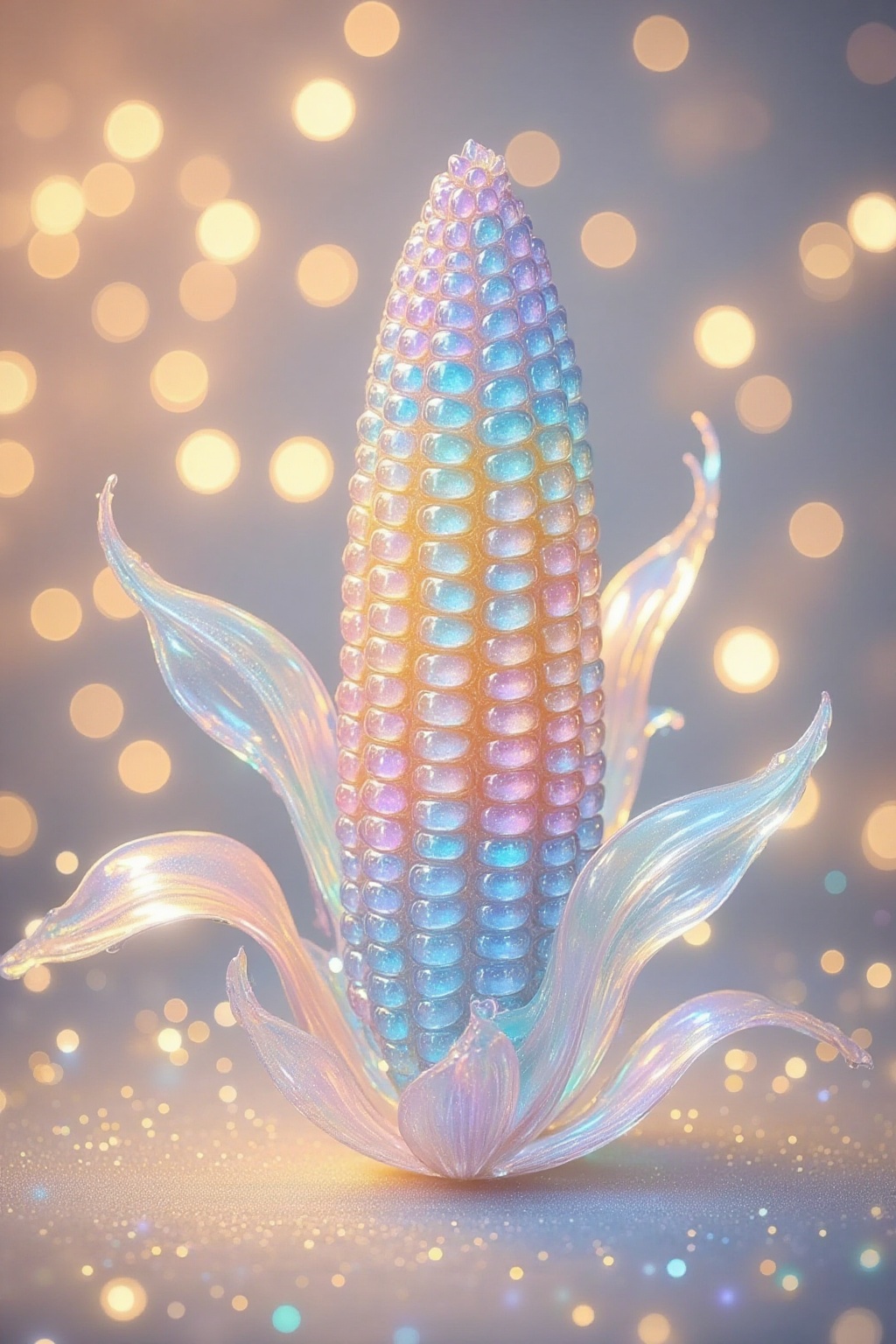 The image depicts a surreal and enchanting scene centered around a visually striking corn. The corn is crafted with a glos...