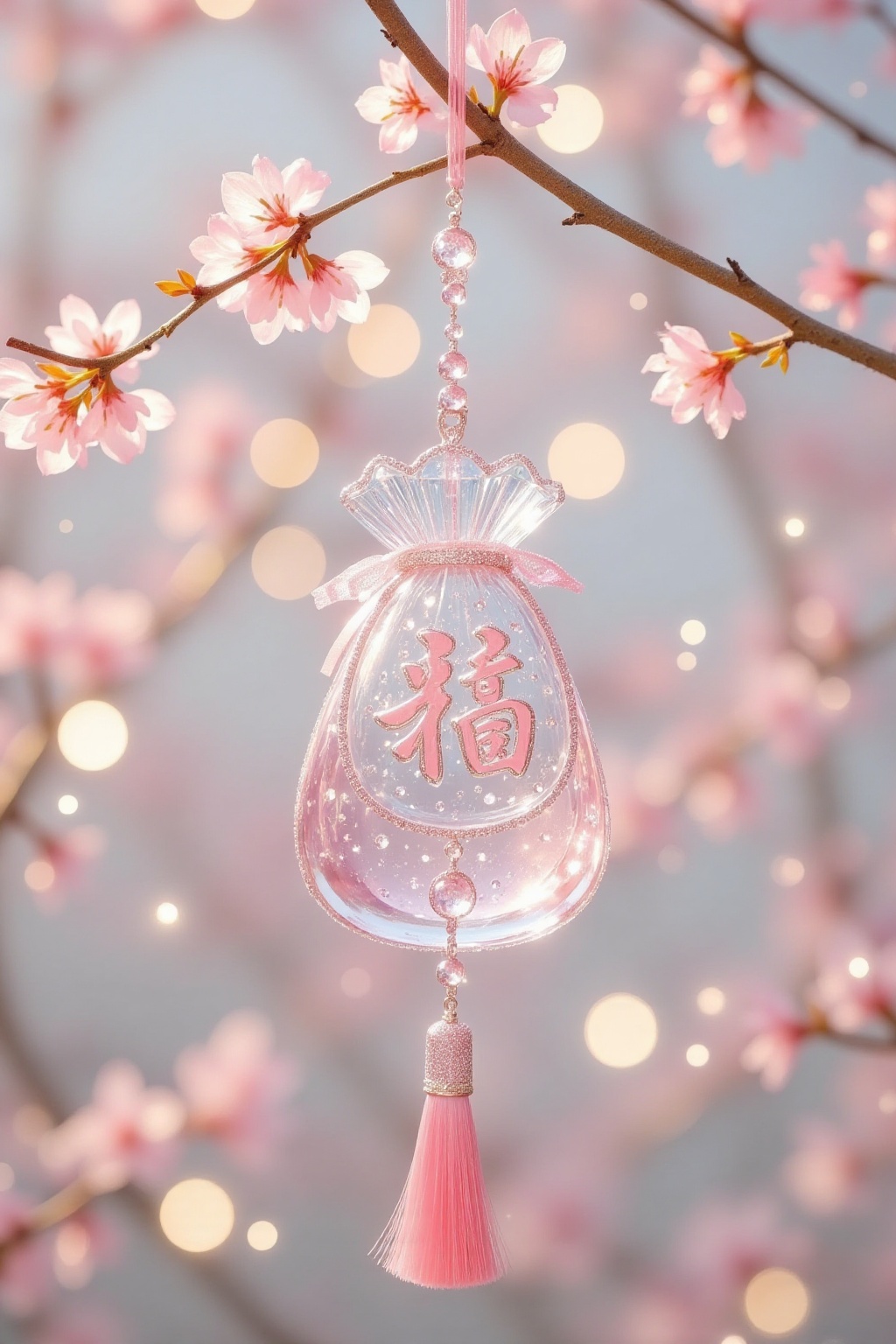 The image features a delicate,  crystal-encrusted ornament hanging from a branch adorned with pink cherry blossoms. The or...