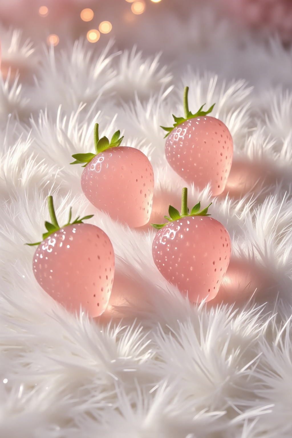 The image shows a close-up of four pink strawberries with green leaves,  placed on a soft,  white on Tensor.Art