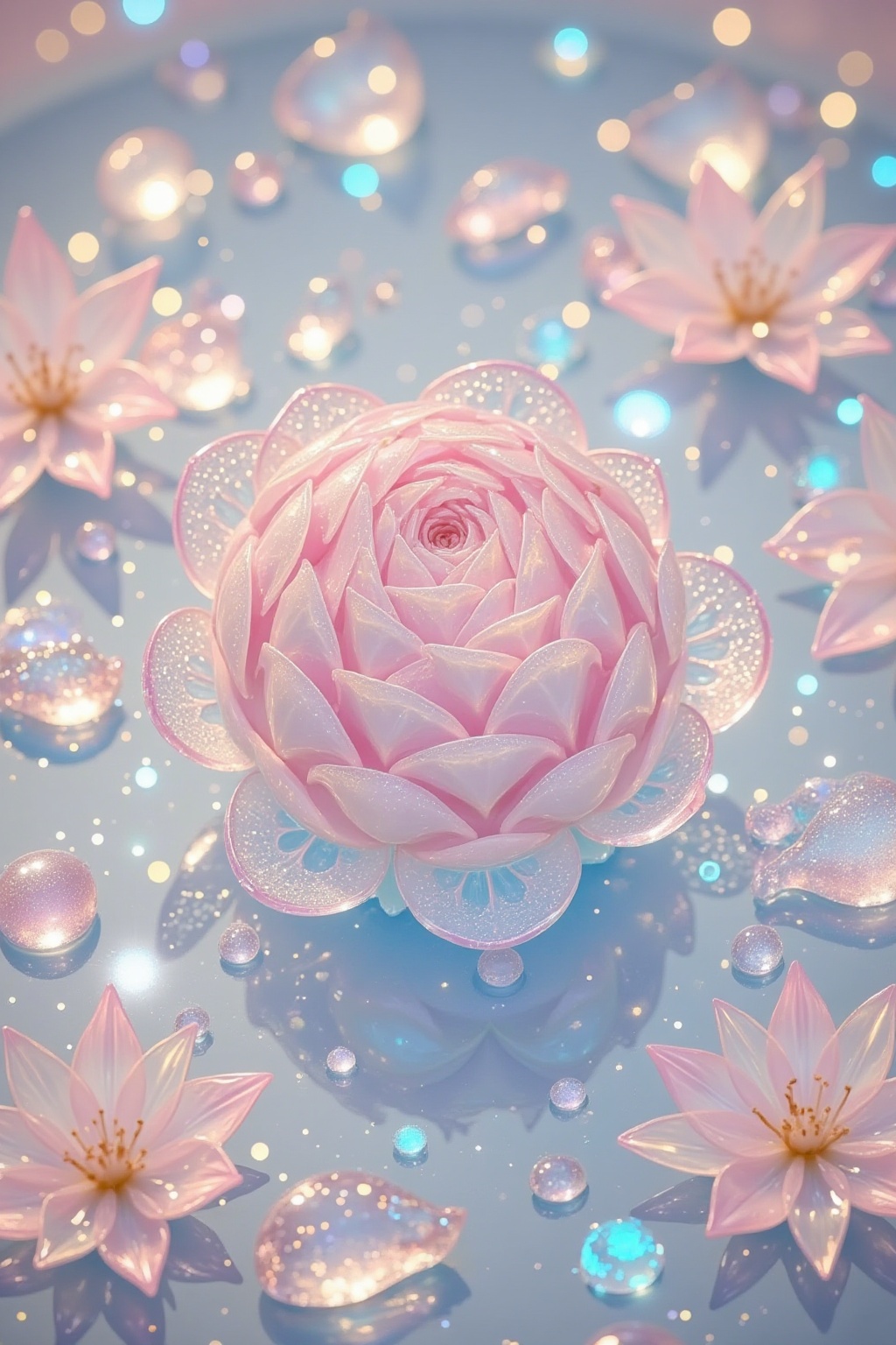 The image depicts a surreal scene with a large,  intricately designed pink cabbage floating on a reflective water surface....