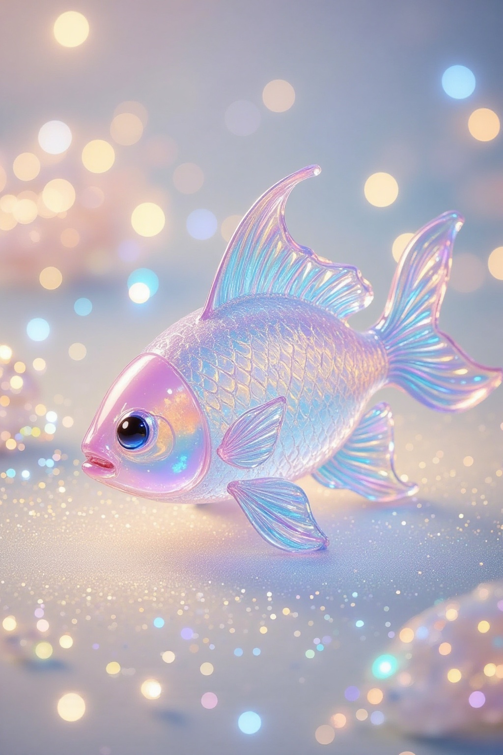 The image depicts a beautifully designed fish made of a translucent material that reflects a spectrum of colors,  includin...