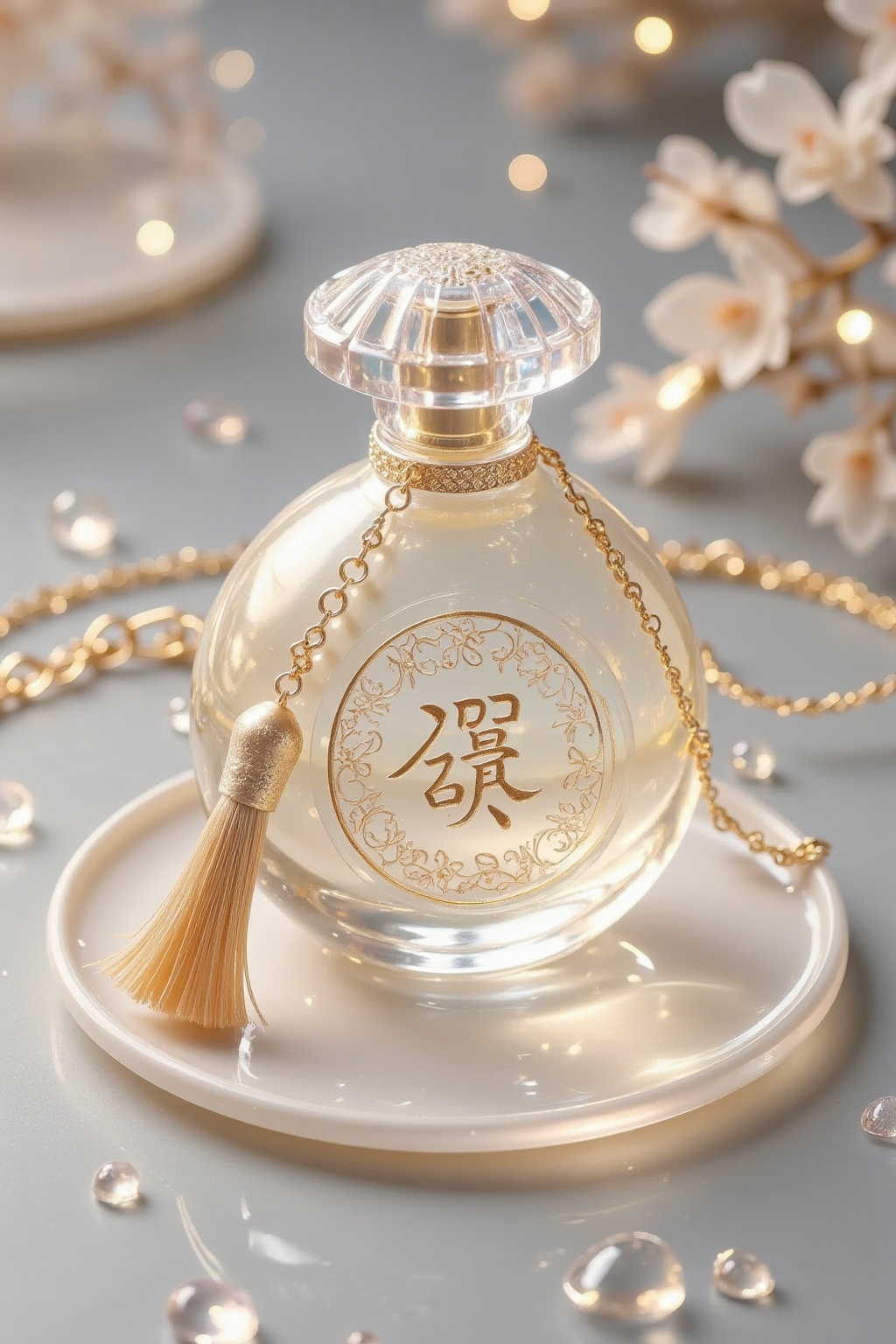 The image shows a beautifully designed perfume bottle with a clear,  round glass body. The bottle is adorned with a golden...