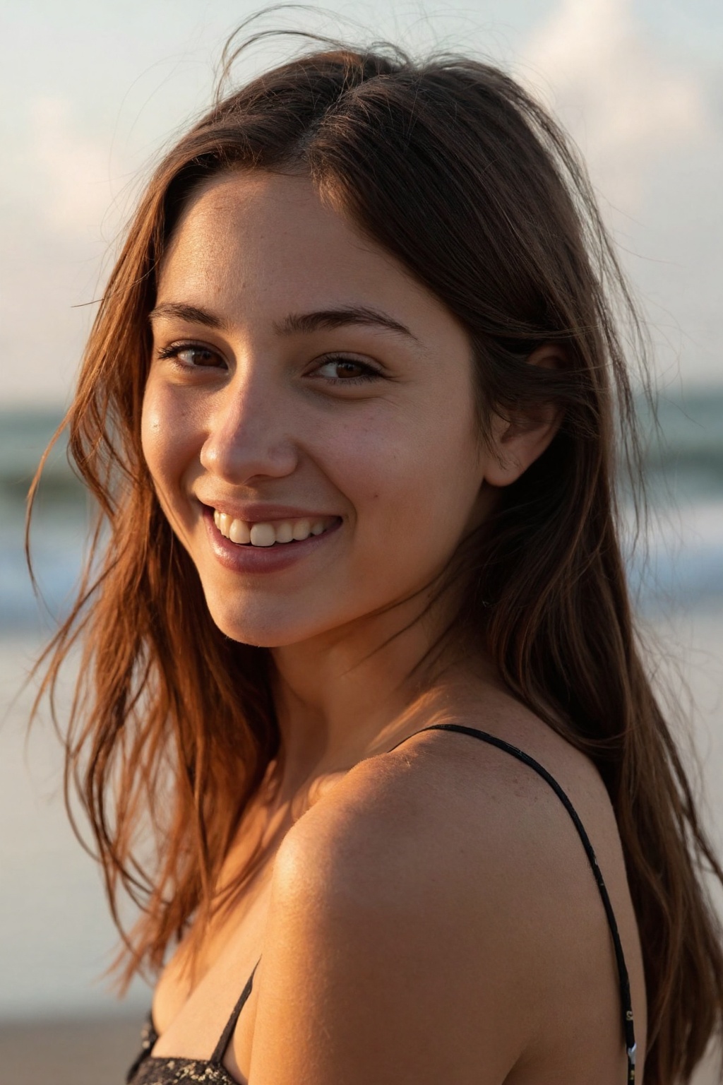 In golden hour light an 18 year old brunnete looks back at the viewer with a playful amused expression,  beach,  crinkled...