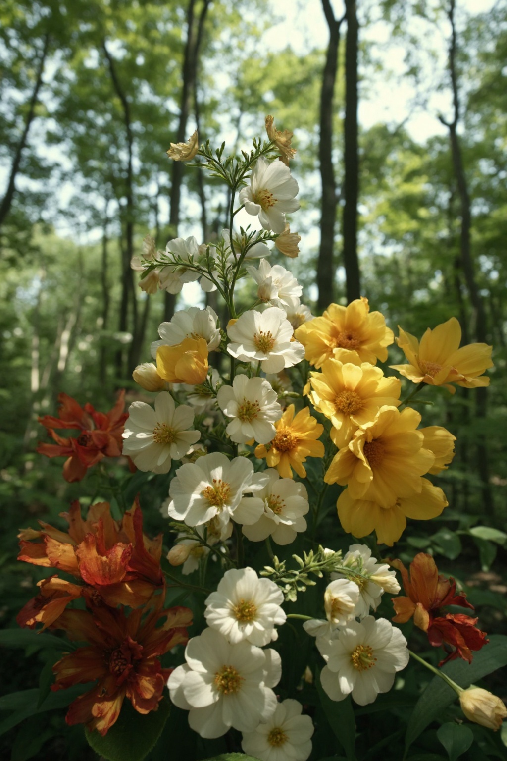 A masterful arrangement of white and yellow flowers with golden petals,  cascading down the middle of a green forest. In b...