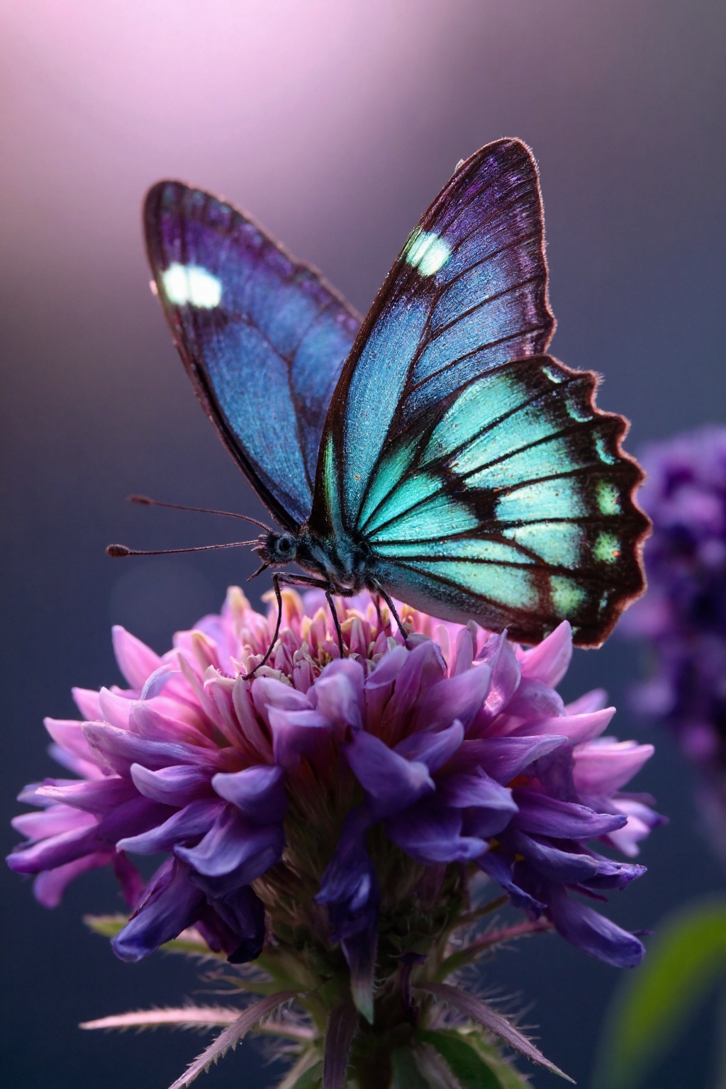 macro shot of a glowing enchanted butterfly resting on a vibrant purple flower,  ethereal light,  highly detailed wings on...