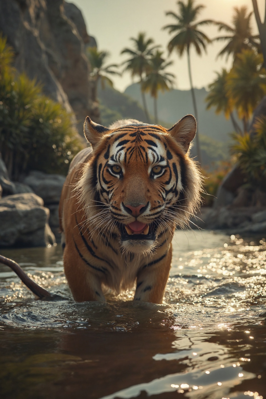 majestic tiger in water,  palm trees,  rocky shore on Tensor.Art