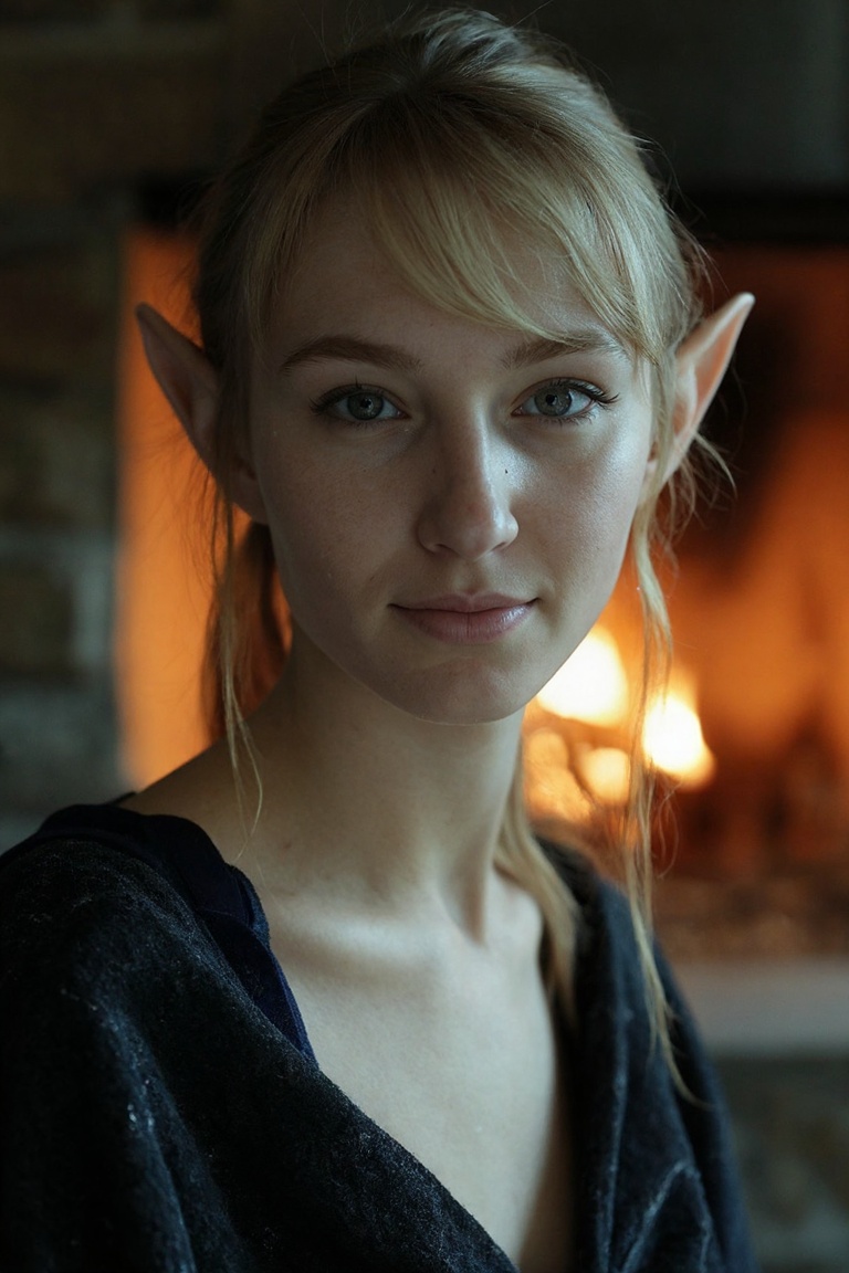 A cinematic professional wide angle photograph of a elven swedish woman indoors by the fireplace,  dramatic lighting and m...