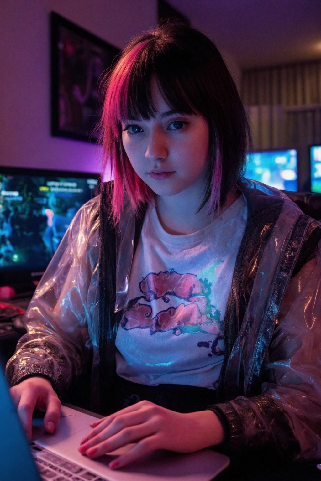 An photograph of an cyberpunk hacker,  neon lighting,  plastic jacket on Tensor.Art