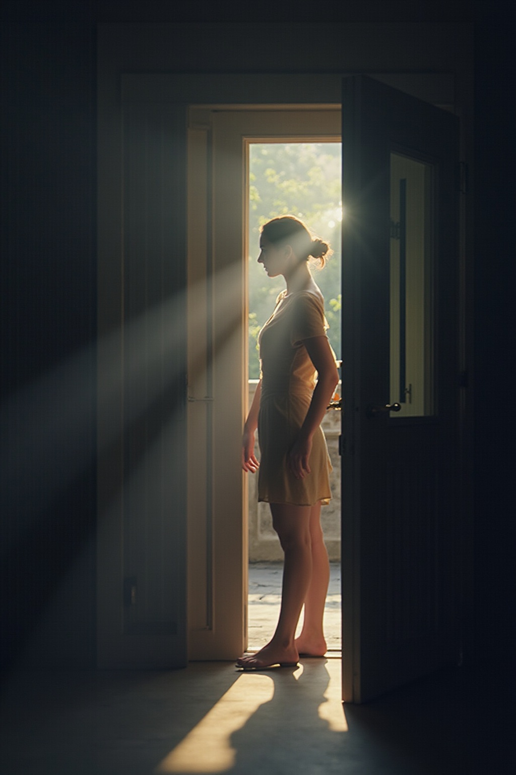 jzbj,  Tyndall effect,  a woman stands by the door on Tensor.Art